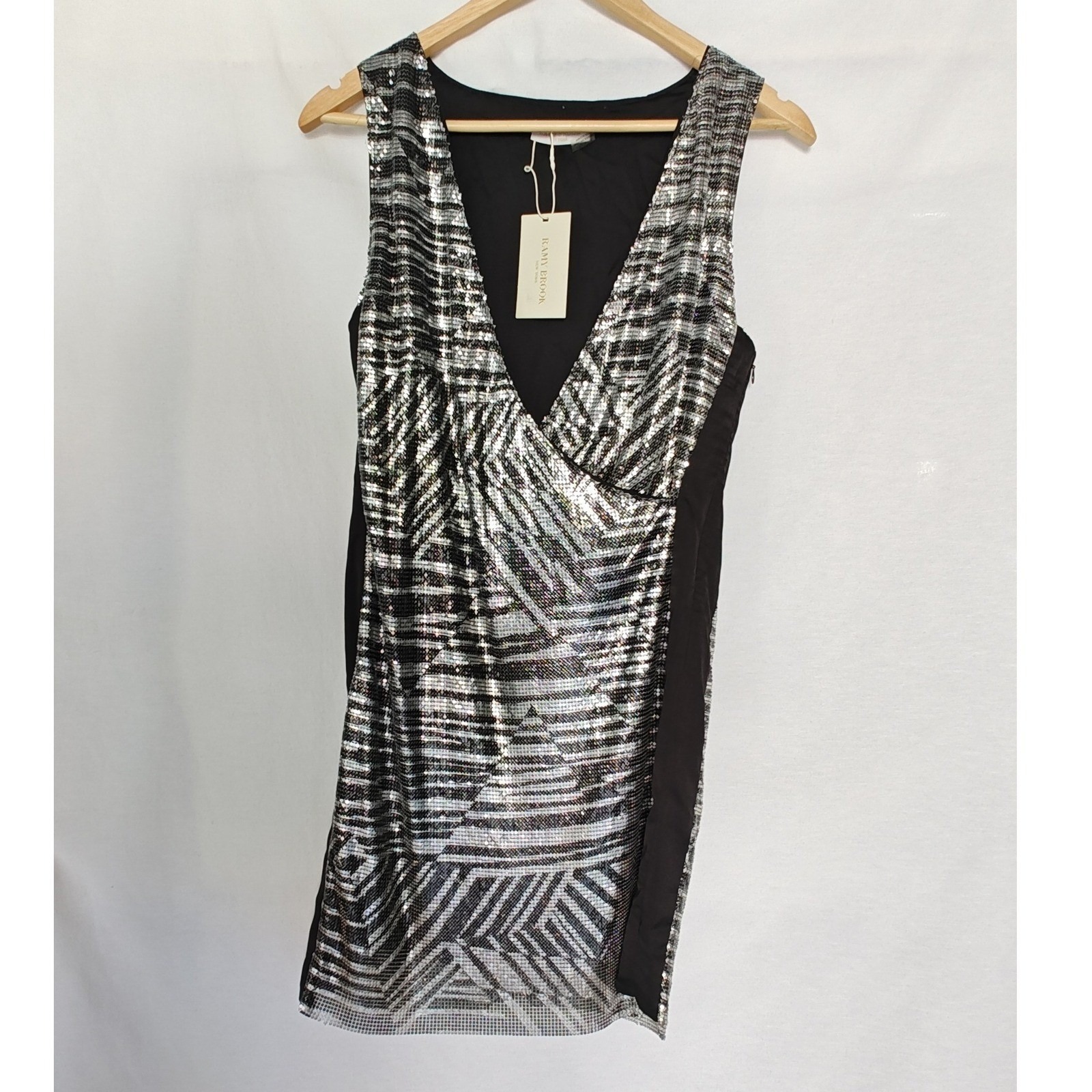 Ramy Brook Dress Printed Lola Black Silver Wrap Mini 2 Metal Relaxed Deep V New — image 3 of 8